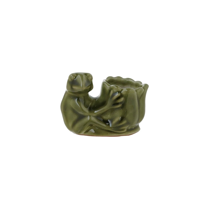 Stoneware Frog Holding Flower Match Holder W/ Striker on bottom