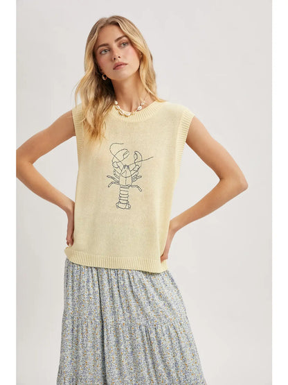 Lobster Embroidered Sweater Vest Cream/Red