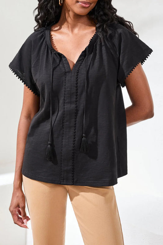 Cotton Slub Split Neck Tassel Top
