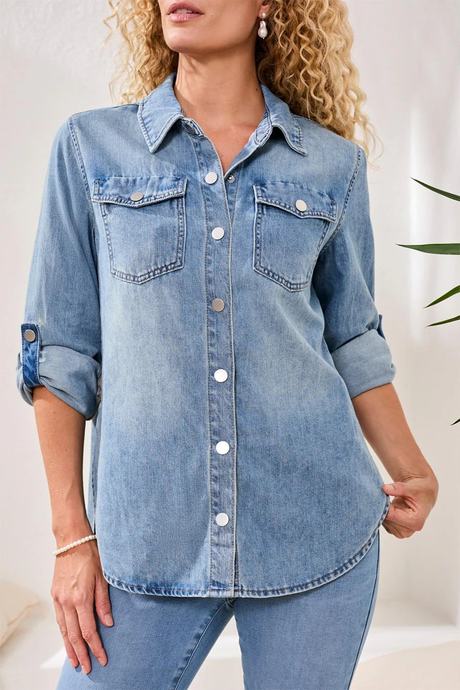 Classic Soft Denim Shirt With Roll-Up Sleeves