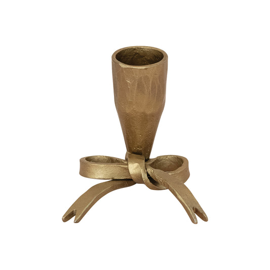 Hand-Forged Iron Bow Shaped Taper Holder, Antique Gold Finish