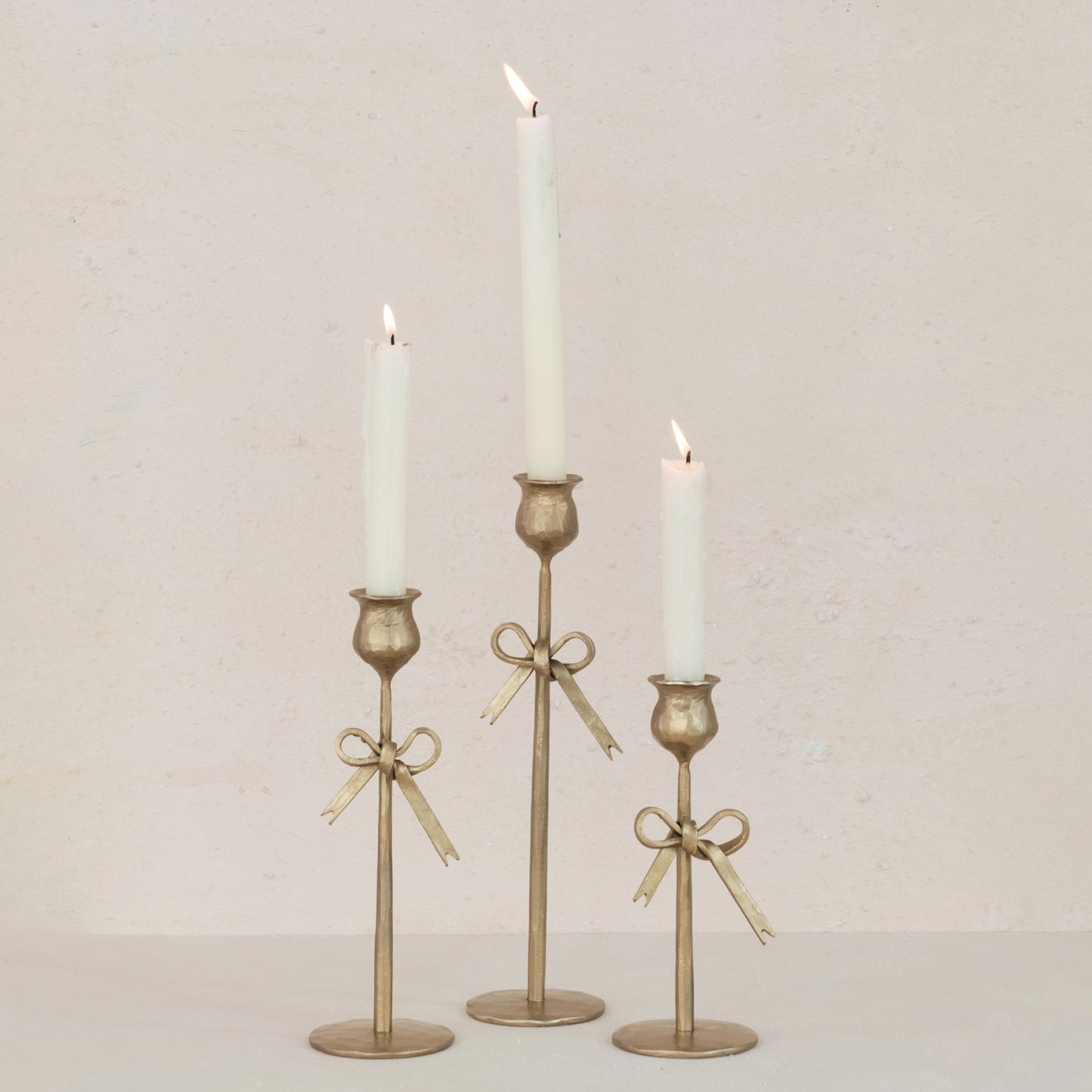 Hand-Forged Iron Taper Holders w/ Bow, Antique Gold Finish, Set of 3
