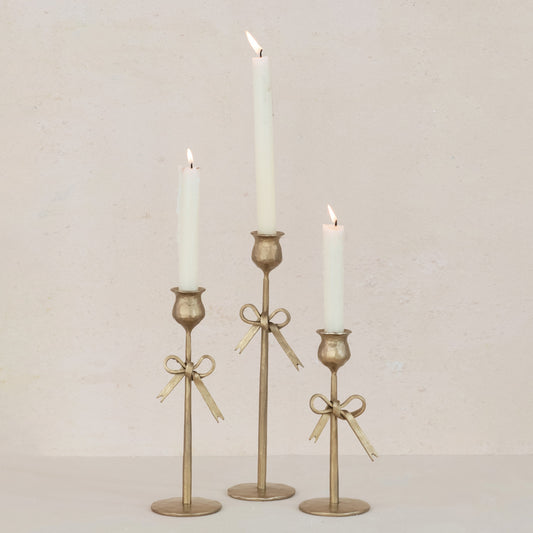 Hand-Forged Iron Taper Holders w/ Bow, Antique Gold Finish, Set of 3