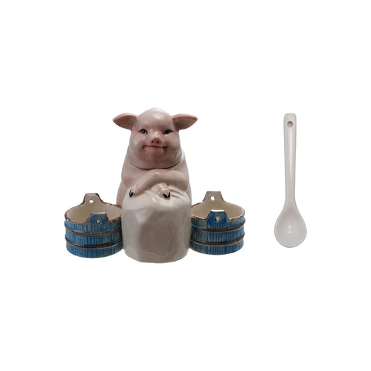 Stoneware Vintage Reproduction Mustard Pot with Spoon