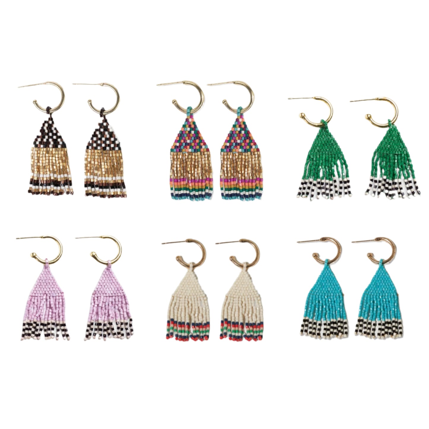 Leta Mini Gold Hoop Solid With Black/White Bottom Beaded Fringe Earrings