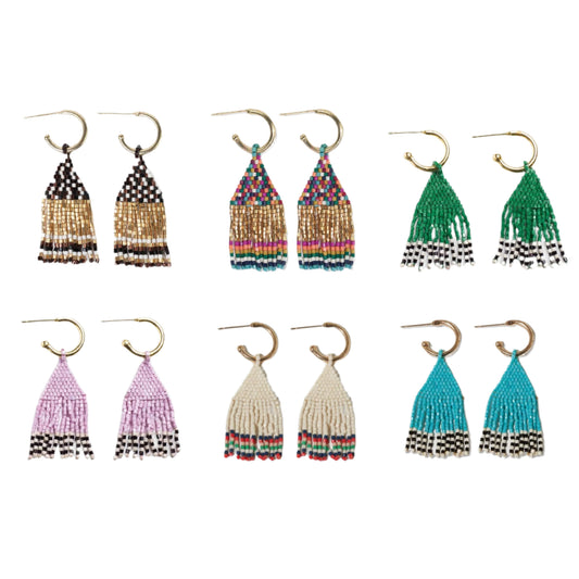 Leta Mini Gold Hoop Solid With Black/White Bottom Beaded Fringe Earrings