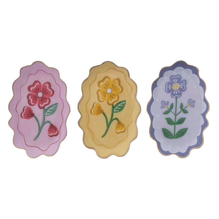 Metal Scalloped Tray with Flower & Gold Edge
